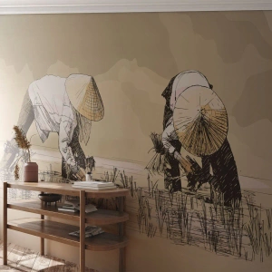 Öntapadós Fotótapéta Deluxe Sticker - Sikeres betakarítást - Ázsia, Rizsültetvény, Rizsföld - 250x175 cm