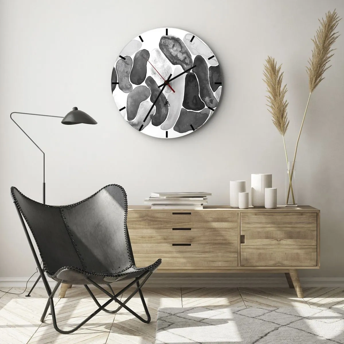 Falióra, Óra - Szürke, organikus formák, amelyek kövekre emlékeztetnek - 30x30cm - Köves absztrakció - Modern fali dekoráció nappalihoz, konyhához és hálószobához ARTTOR