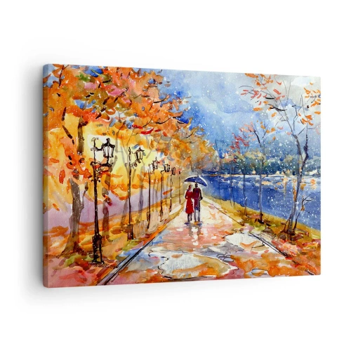 Vászonkép - Őszi séta a parkban, a folyóparton, egy napernyő alatt - 70x50cm - Együtt az idő határáig - Modern fali dekoráció nappalihoz és hálószobához ARTTOR