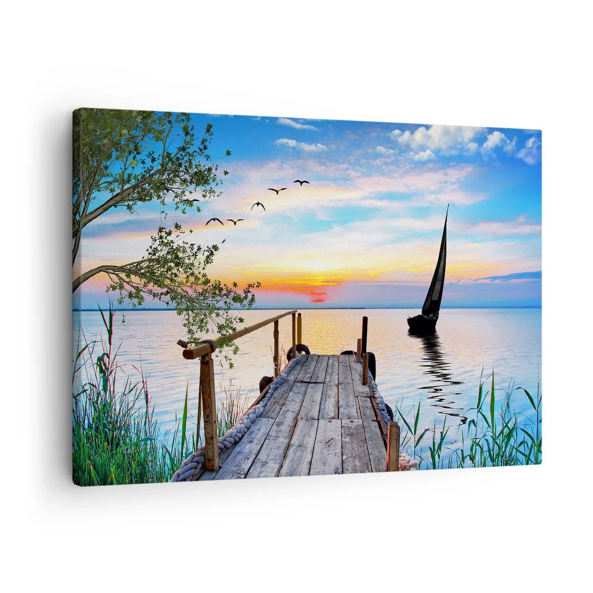 Vászonkép - Tóparti móló hajóval és naplementével - 70x50cm - Kellemes este - Modern fali dekoráció nappalihoz és hálószobához ARTTOR