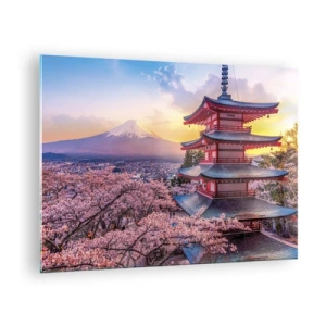 Üveg kép - Egy pagoda egy japán tájban, a Fuji-hegyre és a virágzó fákra néz - 70x50cm - A japán lélek lényege - Modern fali dekoráció nappalihoz és hálószobához ARTTOR