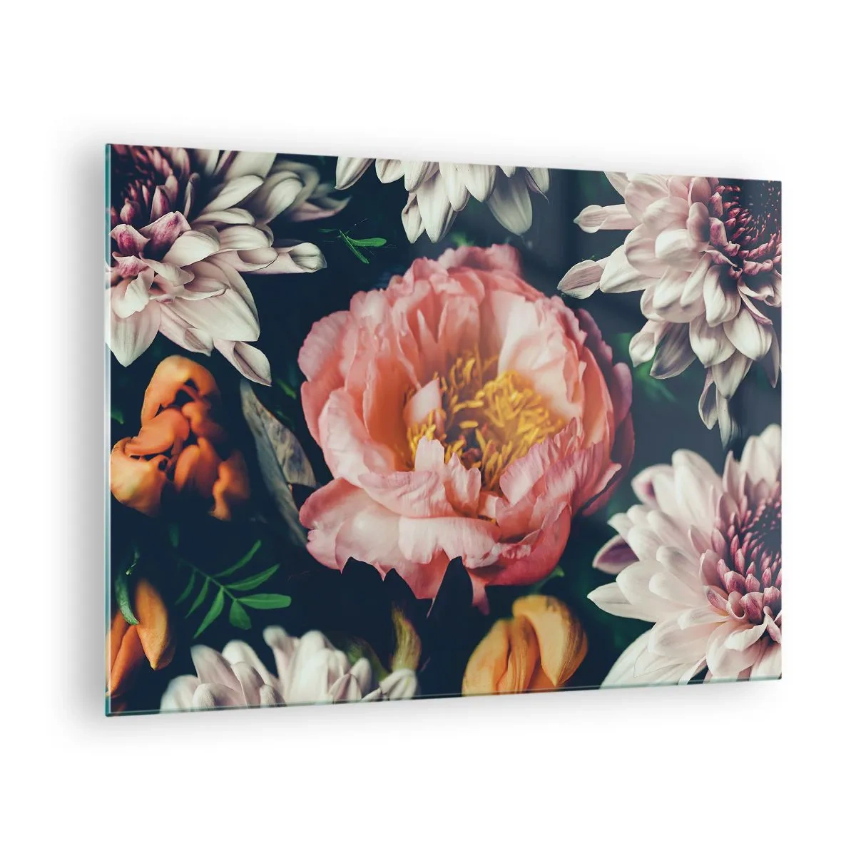 Üveg kép - Pasztell árnyalatú pünkösdi rózsák és krizantémok közeli képe - 70x50cm - Barokk pompával - Modern fali dekoráció nappalihoz és hálószobához ARTTOR