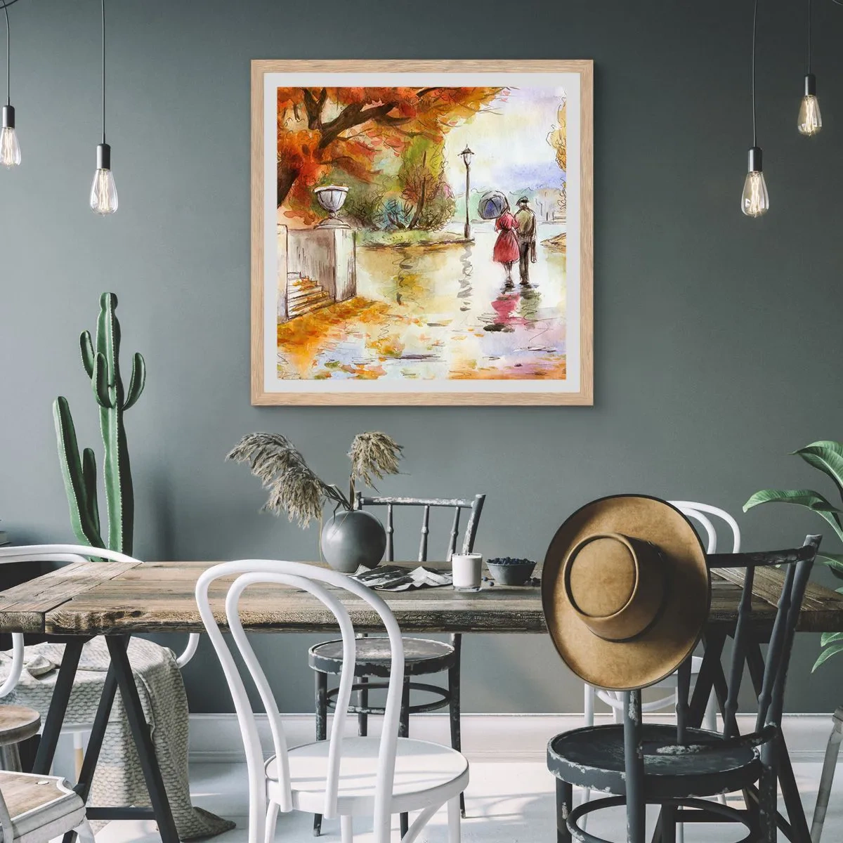 Poszter világos tölgy keretben - Romantikus ősz a parkban - 40x40 cm