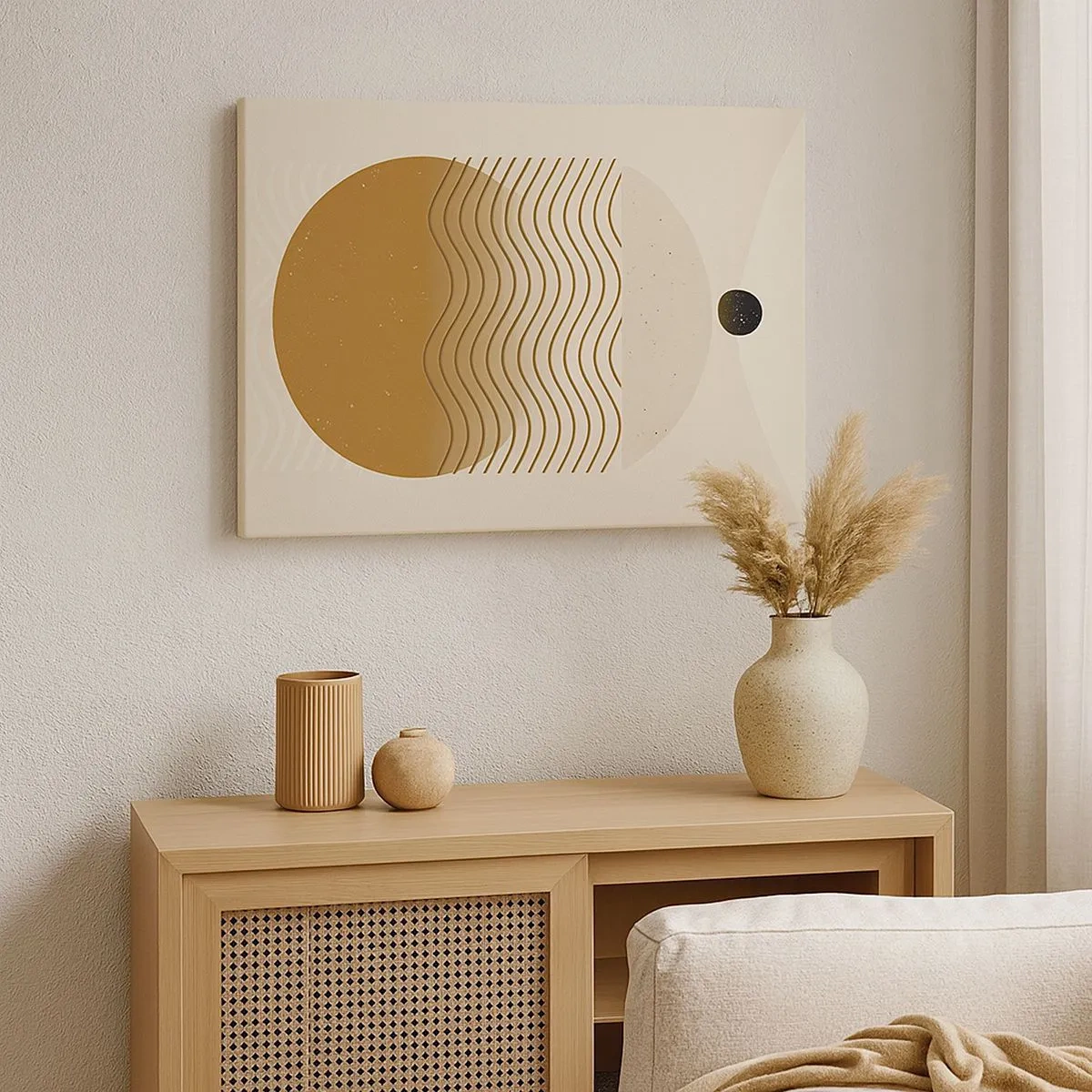 Vászonkép - Geometrikus absztrakció körökkel és hullámos vonalakkal meleg színekben. - 70x50cm - A geometriai formák eredetéről - Modern fali dekoráció nappalihoz és hálószobához ARTTOR