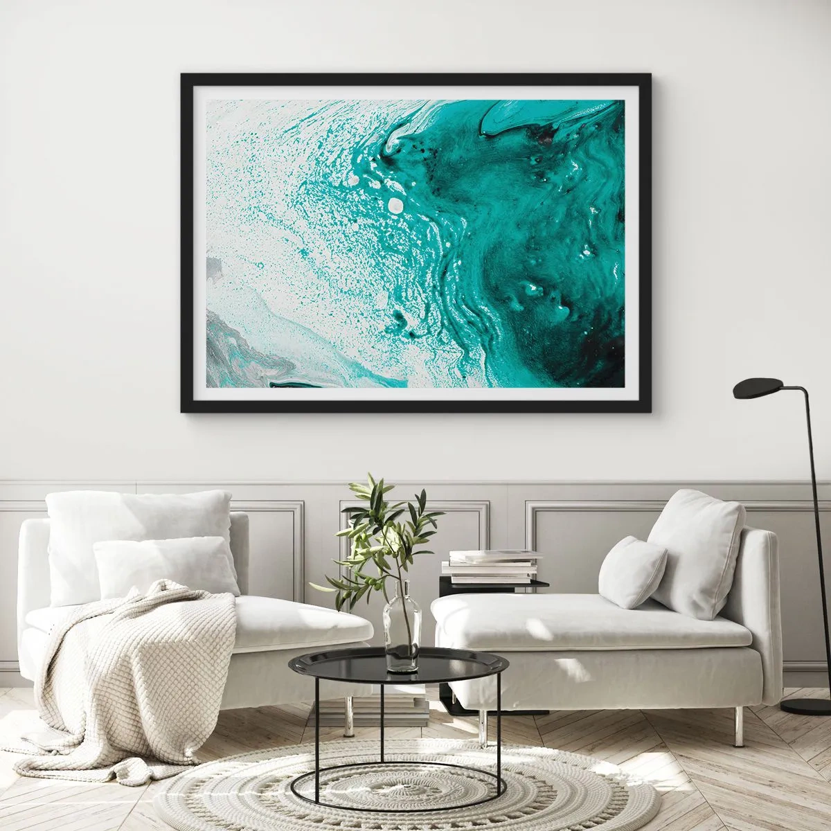 Poszter fehér keretben - Elolvadni fehérben és türkizben  - 70x50 cm