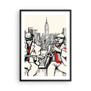 Poszter fehér keretben - Két dzsesszzenész a város látképének hátterében - 50x70cm - New York-i improvizáció - Modern fali dekoráció nappalihoz és hálószobához ARTTOR