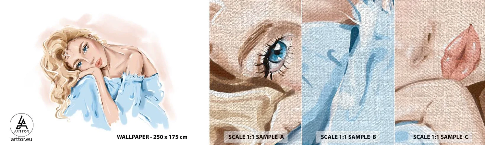 Fotótapéta Minta Premium Canvas - Álmodozó a kékben - Nő, Divat, Grafika - 100x30 cm