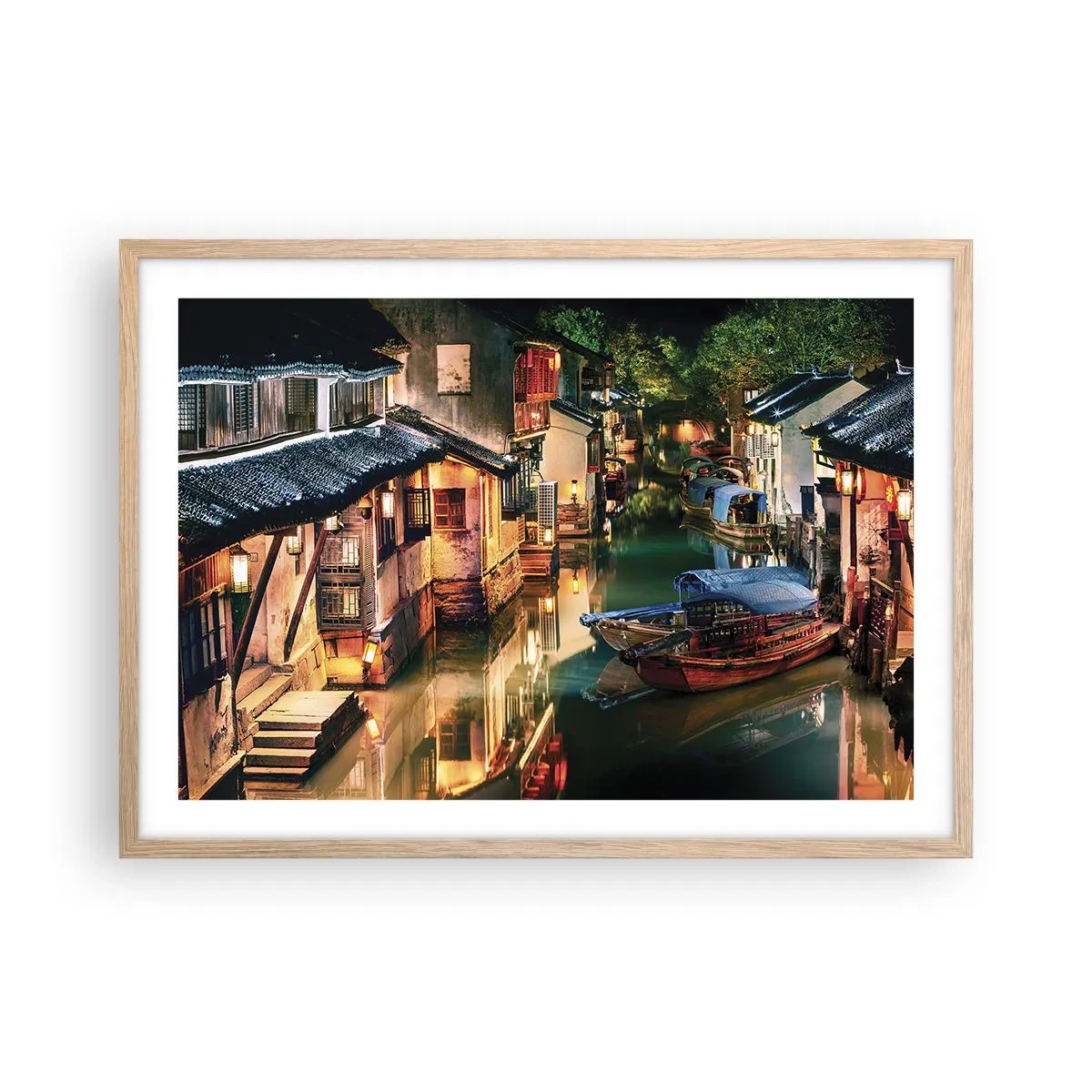 Poszter világos tölgy keretben - Este egy kínai utcán - 70x50 cm
