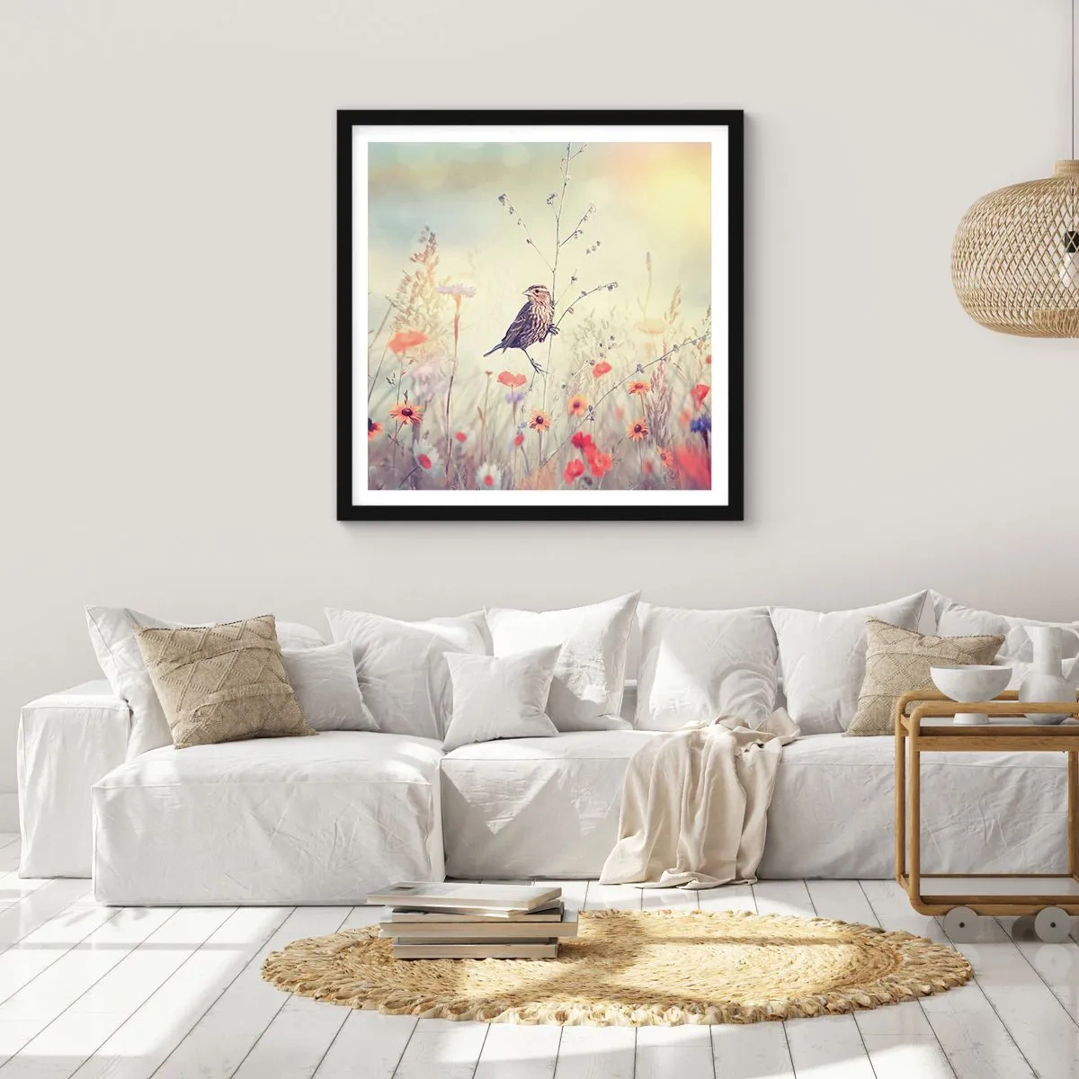 Poszter fehér keretben - Madárportré egy réttel a háttérben - 30x30 cm