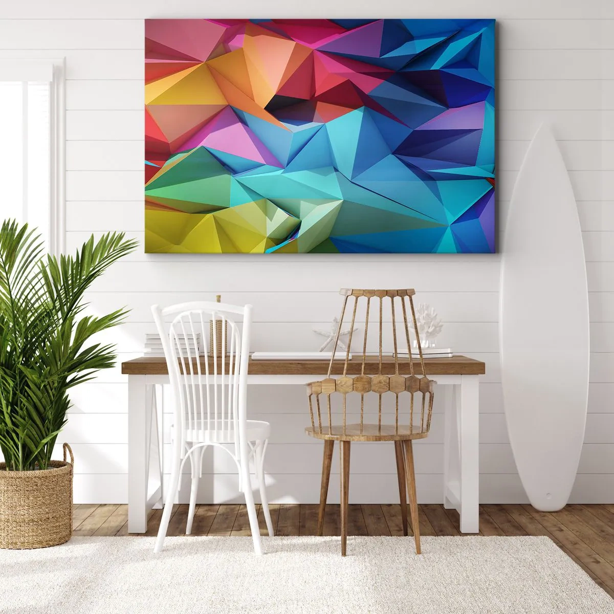 Vászonkép - Színes geometrikus absztrakció élénk színekben - 70x50cm - Szivárvány origami - Modern fali dekoráció nappalihoz és hálószobához ARTTOR