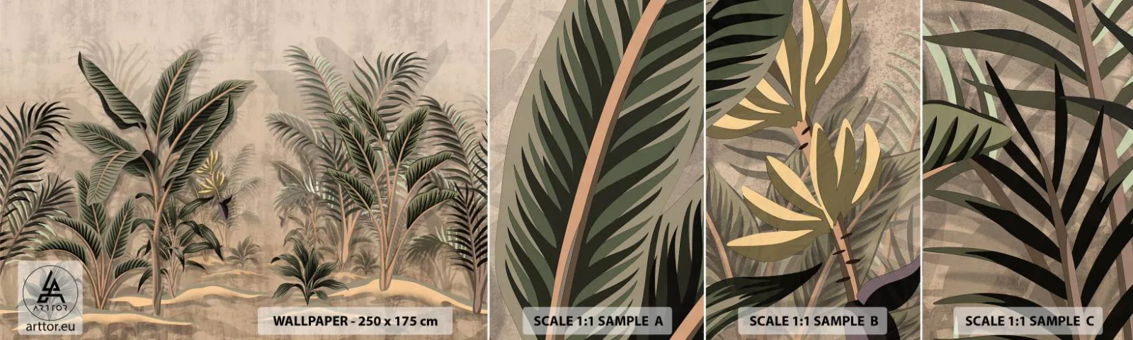 Fotótapéta Minta Standard Eco - Gyarmati stílusú metszet - Trópusi erdő, Kókuszpálma, Banánfa - 100x30 cm