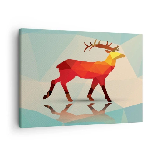 Vászonkép - Szarvas geometrikus sziluettje vörös és narancssárga árnyalatokban - 70x50cm - Geometrikus szarvas - Modern fali dekoráció nappalihoz és hálószobához ARTTOR