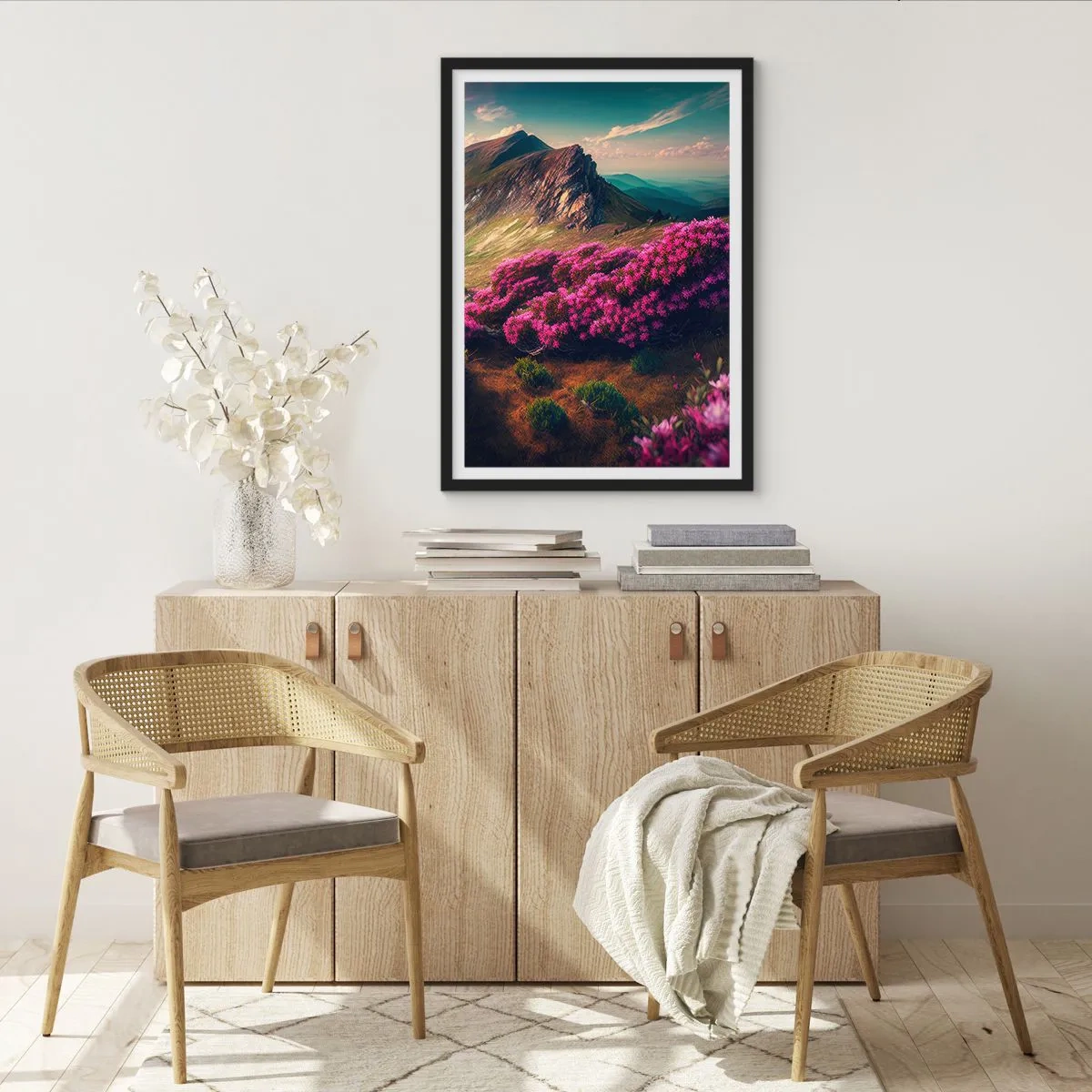 Poszter fehér keretben - Hegyi táj virágzó rododendronokkal - 50x70cm - Nyár a hegyekben - Modern fali dekoráció nappalihoz és hálószobához ARTTOR