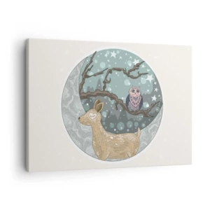 Vászonkép - Egy szarvas és egy bagoly egy mesebeli éjszakai tájképen - 70x50cm - Mesebeli erdei éjszaka - Modern fali dekoráció nappalihoz és hálószobához ARTTOR