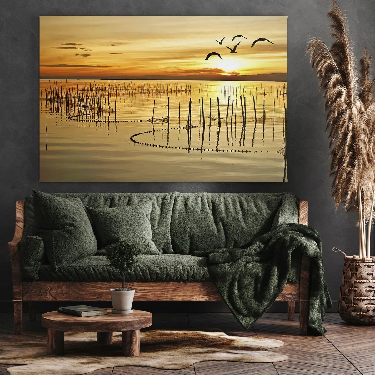 Vászonkép - Naplemente a víz felett, madarakkal repülve - 70x50cm - A halászaton - Modern fali dekoráció nappalihoz és hálószobához ARTTOR