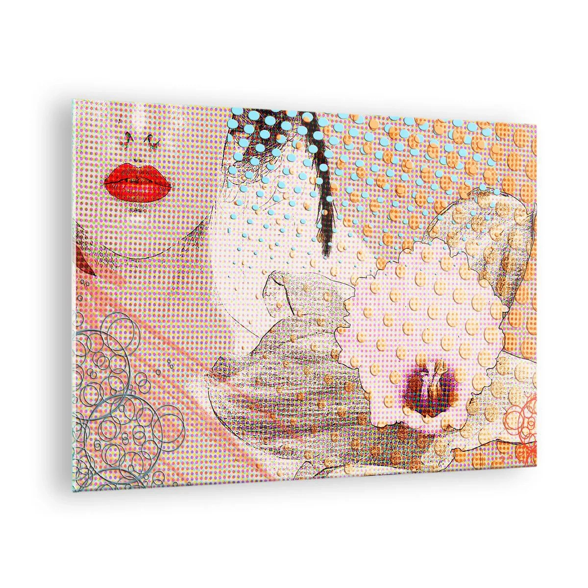 Üveg kép - Nő portréjának illusztrációja virággal a háttérben pop art stílusban - 70x50cm - Képregényes heroin - Modern fali dekoráció nappalihoz és hálószobához ARTTOR