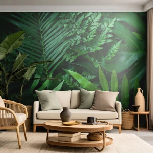 Fotótapéta Premium Sand - Összebújva a zöldben - Egzotikus növény, Pálmafa levél, Monstera levél - 300x210 cm