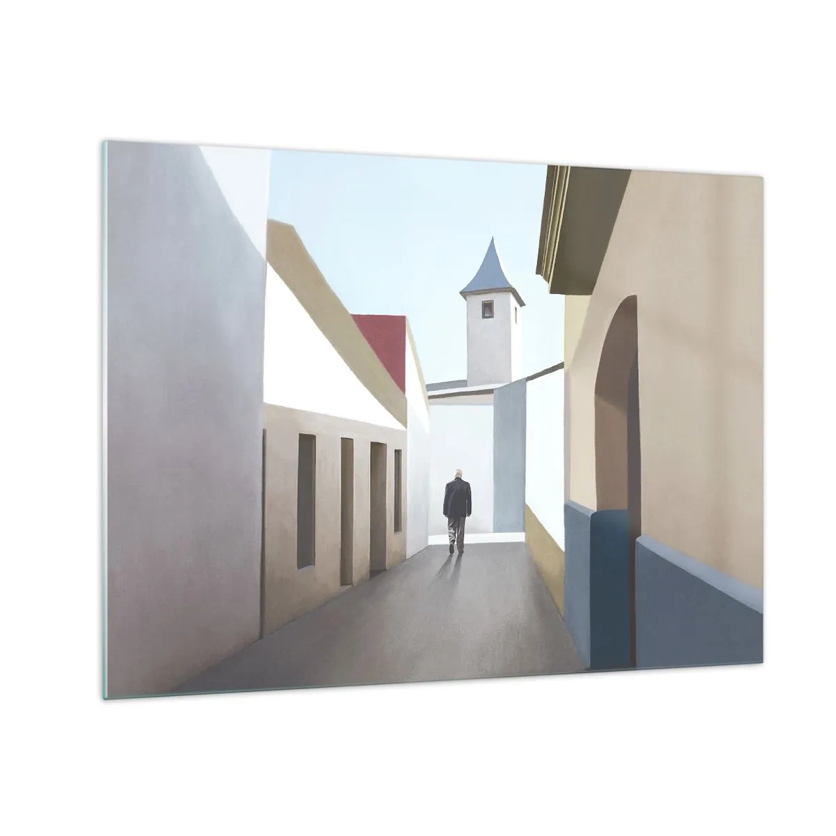 Üveg kép - Egy utca a napfényben, egy alak sétál a távolban - 70x50cm - Napfényes séta - Modern fali dekoráció nappalihoz és hálószobához ARTTOR