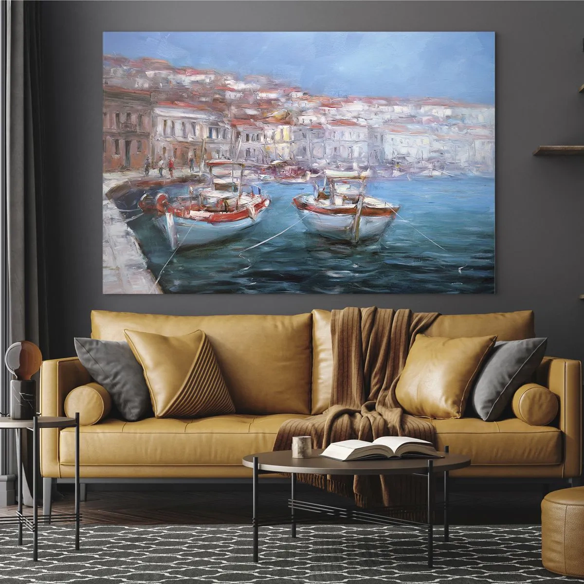 Üveg kép - Halászkikötő hajókkal, olasz épületek és kék ég hátterében - 70x50cm - Olasz öböl - Modern fali dekoráció nappalihoz és hálószobához ARTTOR