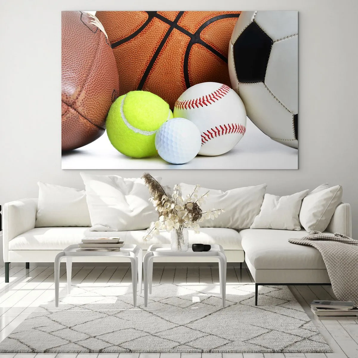 Üveg kép - Egy sor sportlabdák fehér alapon - 70x50cm - A futball összeköt minket! - Modern fali dekoráció nappalihoz és hálószobához ARTTOR