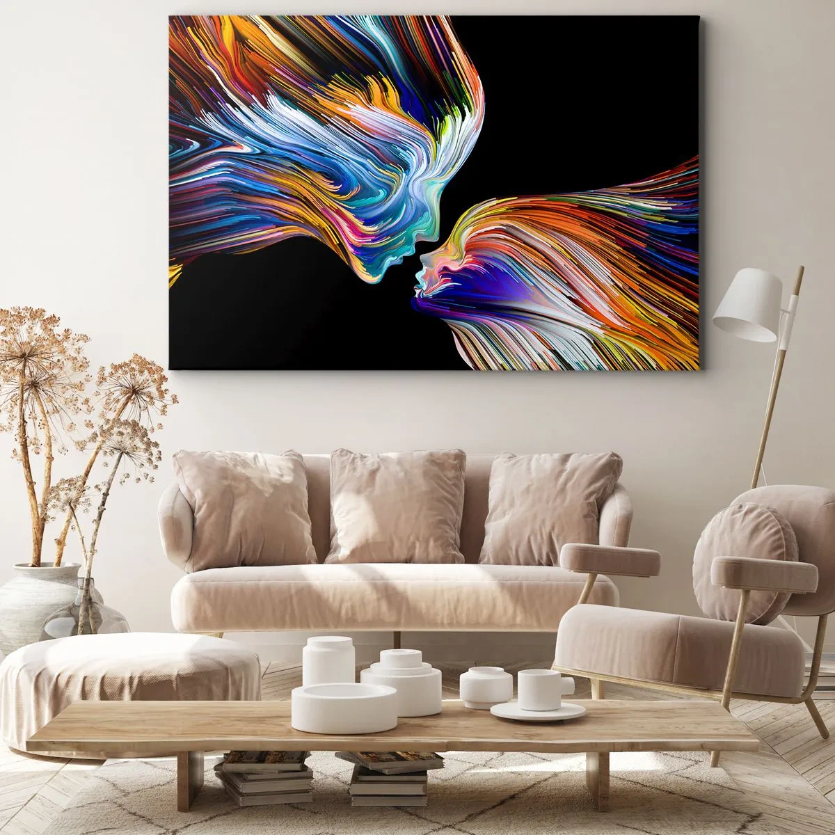Vászonkép - Színes sziluettek arcok dinamikus patakokban fekete háttéren - 70x50cm - Az energia és a fény fúziója - Modern fali dekoráció nappalihoz és hálószobához ARTTOR