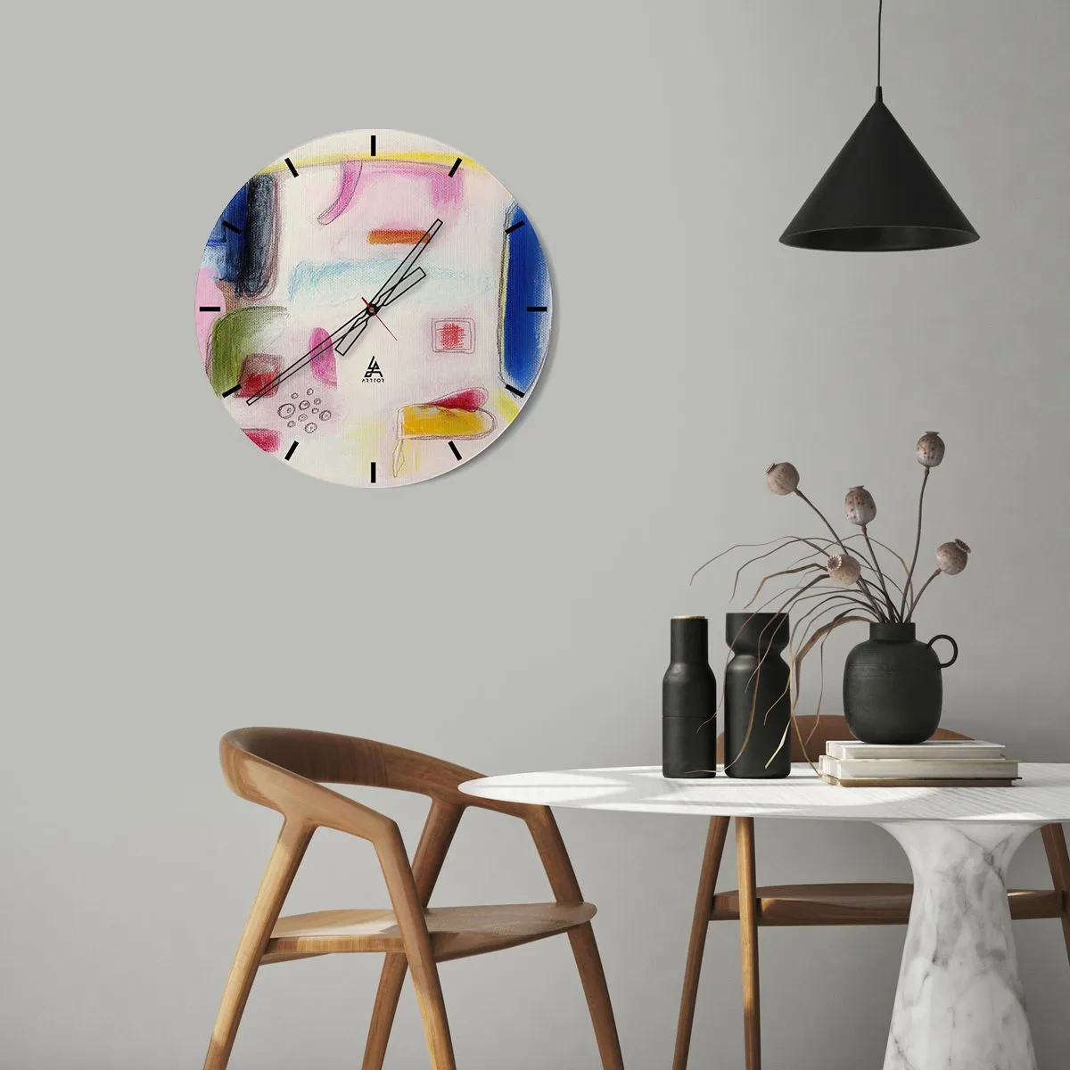 Falióra, Óra - Színes absztrakt foltok világos háttéren, festői stílusban - 30x30cm - Inkább domború, mint homorú, vagy lapos - Modern fali dekoráció nappalihoz, konyhához és hálószobához ARTTOR