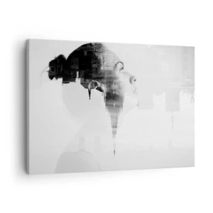 Vászonkép - Nő portréja, háttérben egy város körvonalaival, fekete-fehér színekben - 70x50cm - Az üveg mind a két oldalán - Modern fali dekoráció nappalihoz és hálószobához ARTTOR