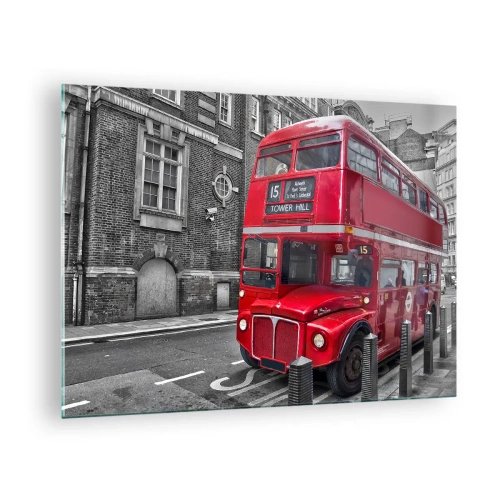 Üveg kép - Egy piros londoni busz fekete-fehér utcai háttér előtt - 70x50cm - Mindig ugyan olyan - Modern fali dekoráció nappalihoz és hálószobához ARTTOR