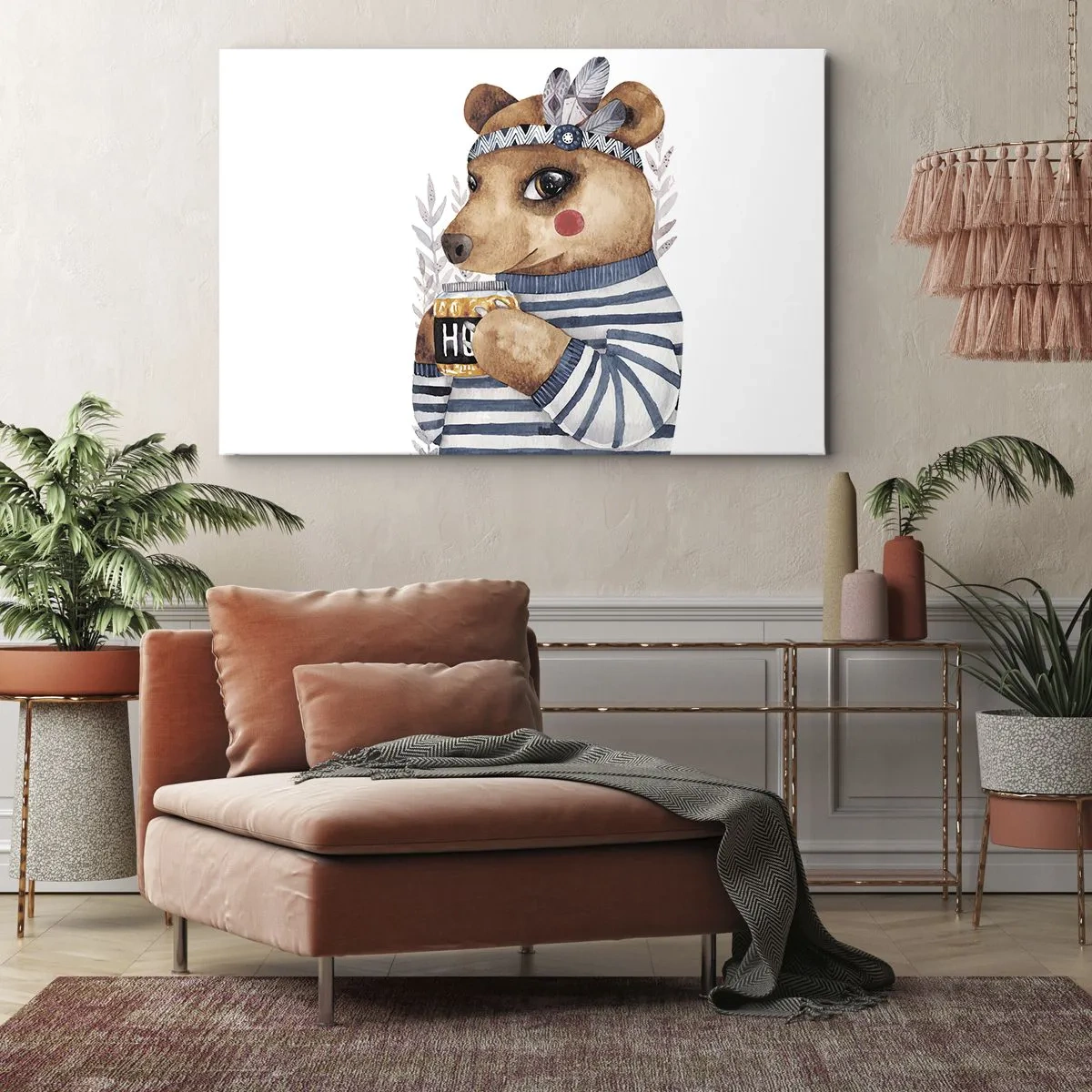 Vászonkép - Egy csíkos pulóveres plüssmackó egy csésze mézzel - 70x50cm - Édes Mackó - Modern fali dekoráció nappalihoz és hálószobához ARTTOR