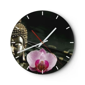 Falióra, Óra - Buddha alak orchideával keleti stílusban - 30x30cm - A bölcsesség és a szépség harmóniája - Modern fali dekoráció nappalihoz, konyhához és hálószobához ARTTOR