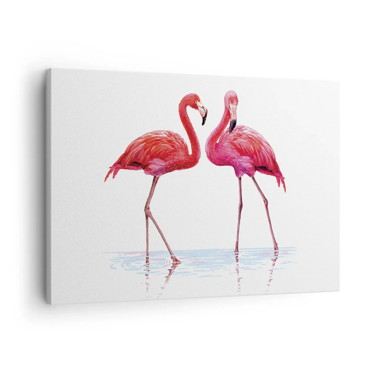 Vászonkép - Egy flamingópár a vízben, világos háttér előtt. - 70x50cm - Rozsaszín randez-vous - Modern fali dekoráció nappalihoz és hálószobához ARTTOR