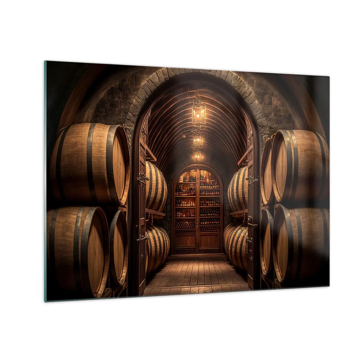 Üveg kép - Egy szőlőskert hordókkal és egy kivilágított, palackokkal teli pincével - 70x50cm - Hangulatos pince - Modern fali dekoráció nappalihoz és hálószobához ARTTOR