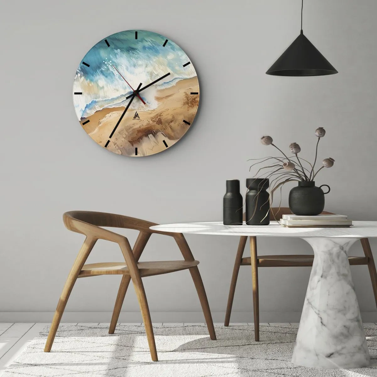 Falióra, Óra - Madártávlatból egy festői hullám, ahogy a homokba csapódik - 30x30cm - Visszatérő hullám - Modern fali dekoráció nappalihoz, konyhához és hálószobához ARTTOR