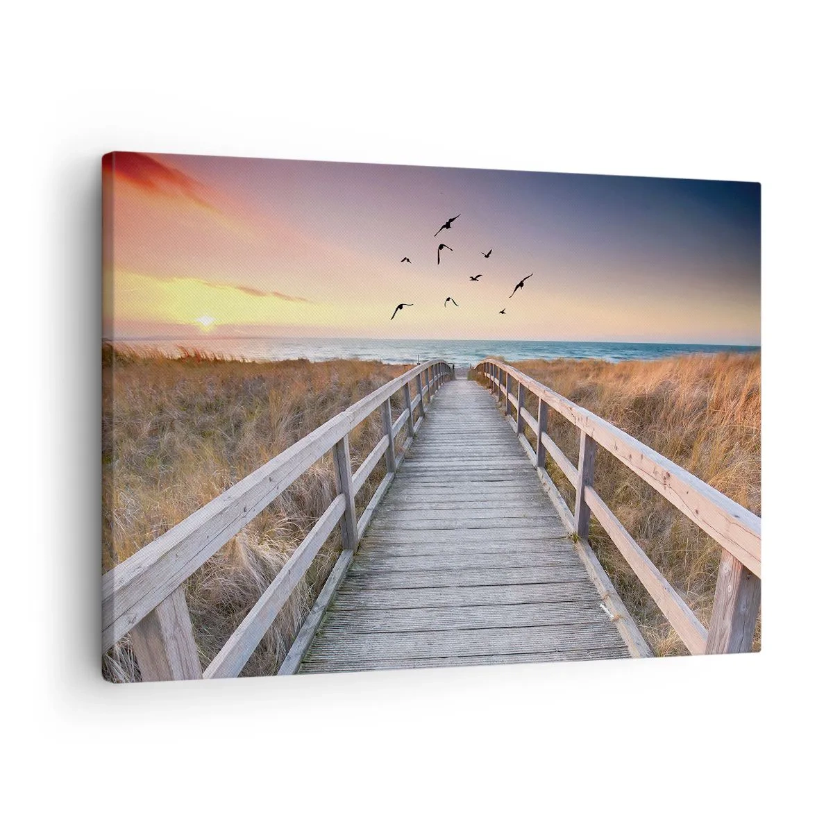 Vászonkép - Fából készült móló vezet a strandra naplementekor - 70x50cm - Repülési tér - Modern fali dekoráció nappalihoz és hálószobához ARTTOR