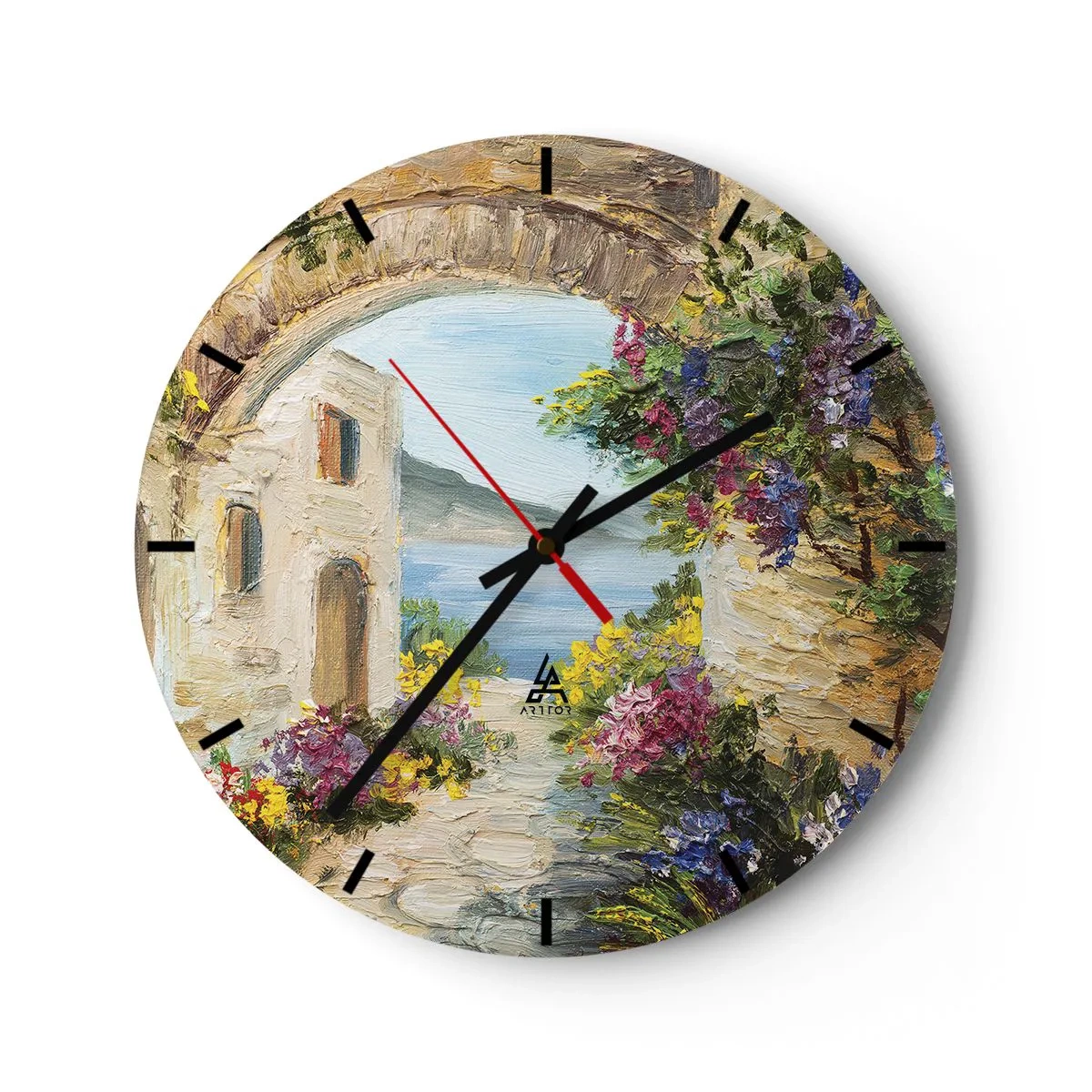 Falióra, Óra - Hangulatos utca virágokkal és kilátással a tengerre - 30x30cm - Egy tengerparti vidék varázsa - Modern fali dekoráció nappalihoz, konyhához és hálószobához ARTTOR