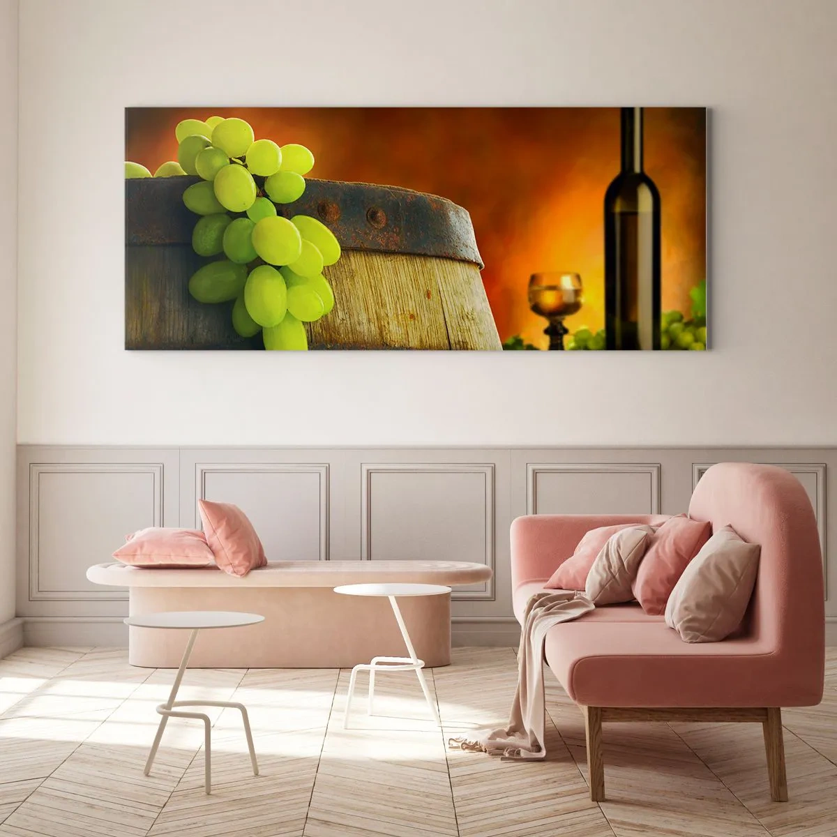 Üveg kép - Csendélet egy üveg borral és egy szőlő fürttel - 160x50 cm