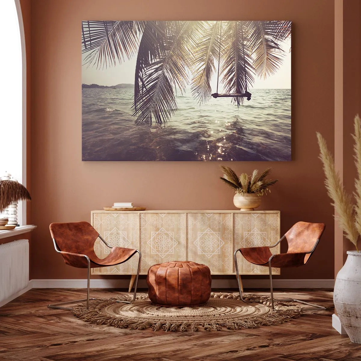 Vászonkép - Pálmafa hintával a víz felett a napfényben - 70x50cm - Tetszés szerint hintázhat a felhők között - Modern fali dekoráció nappalihoz és hálószobához ARTTOR
