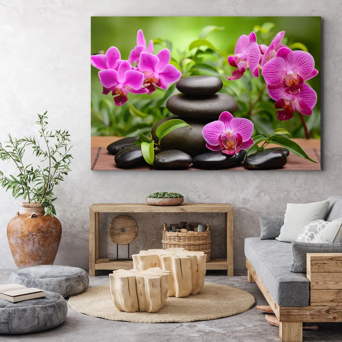 Vászonkép - Rózsaszín orchideák kövekkel zöld alapon - 70x50cm - A béke piramisa - Modern fali dekoráció nappalihoz és hálószobához ARTTOR
