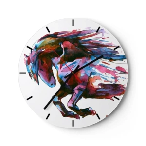 Falióra, Óra - Egy dinamikus ló akvarell színekben, áramló sörénynel - 30x30cm - Az elragadtatásban - Modern fali dekoráció nappalihoz, konyhához és hálószobához ARTTOR