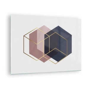 Üveg kép - Aranyszínű kockák körvonalai sötétkék és rózsaszín tömör anyagok hátterében - 70x50cm - Az egyszerűség ereje - Modern fali dekoráció nappalihoz és hálószobához ARTTOR