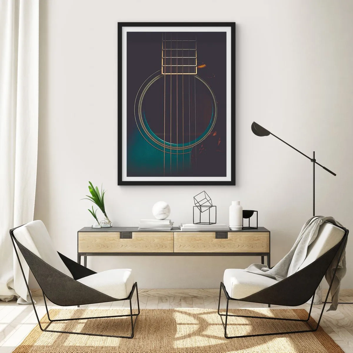 Poszter fehér keretben - Egy akusztikus gitár rezonátorlapjának művészi közeli képe. - 50x70cm - Egy pillanat, mielőtt megszólal - Modern fali dekoráció nappalihoz és hálószobához ARTTOR