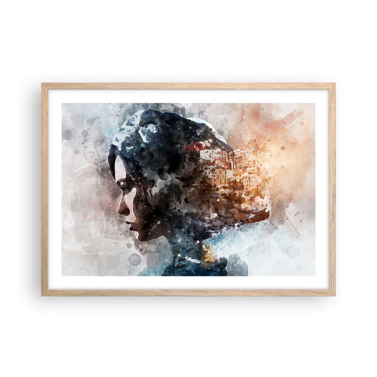 Poszter világos tölgy keretben - Történet egy lányról, várossal a háttérben - 70x50 cm