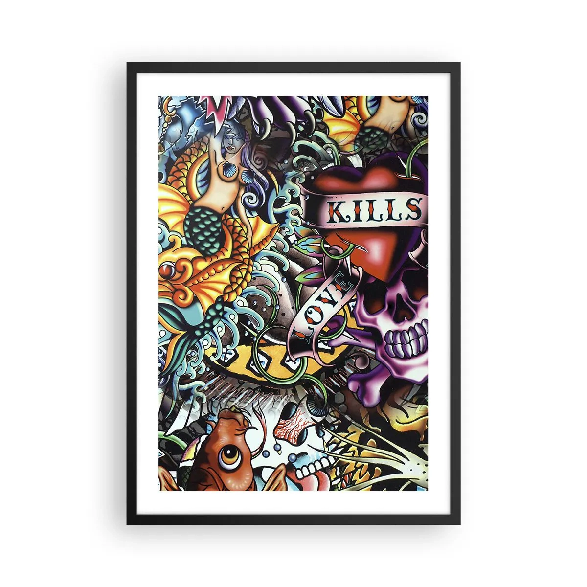 Poszter fehér keretben - Absztrakt tetoválás koponyával, szívvel és felirattal - 50x70cm - A tetováló művész álma - Modern fali dekoráció nappalihoz és hálószobához ARTTOR