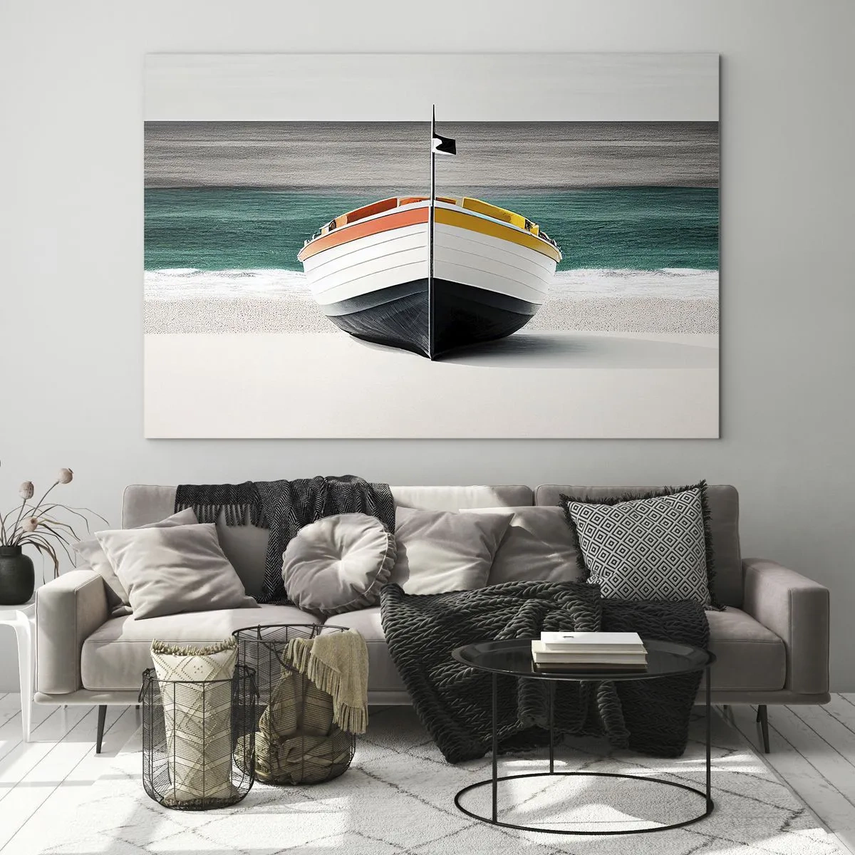Üveg kép - Egy színes hajó a tengerparton, türkizkék tengerrel a háttérben - 70x50cm - A maga helyén - Modern fali dekoráció nappalihoz és hálószobához ARTTOR