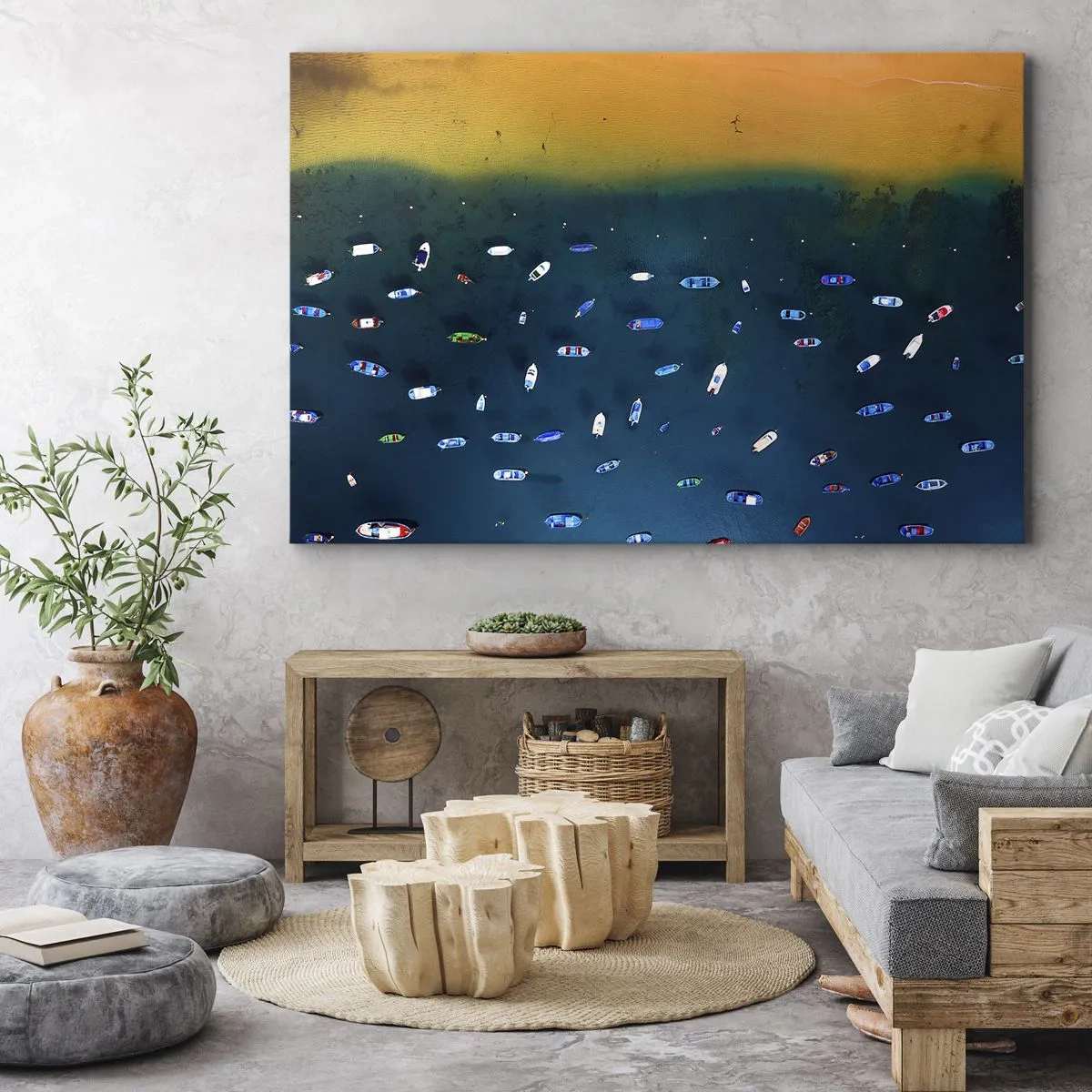 Vászonkép - Légifelvételek a vízen lévő hajókról és egy homokos partról - 70x50cm - Egy ünnepi játék - Modern fali dekoráció nappalihoz és hálószobához ARTTOR