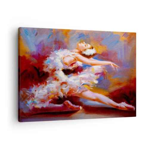 Vászonkép - Egy balerina dinamikus pózban pasztellszínek között. - 70x50cm - A hattyú eleganciája - Modern fali dekoráció nappalihoz és hálószobához ARTTOR