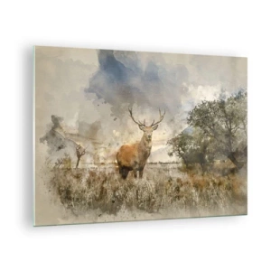 Üveg kép - Egy szarvas természetes tájban, finom színekkel a háttérben. - 70x50cm - Becsület – erő – méltóság - Modern fali dekoráció nappalihoz és hálószobához ARTTOR