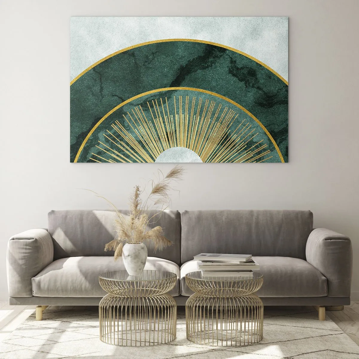Üveg kép - Arany sugarak zöld félkörök hátterében, márvány szerkezettel - 70x50cm - Egy másik naprendszer - Modern fali dekoráció nappalihoz és hálószobához ARTTOR