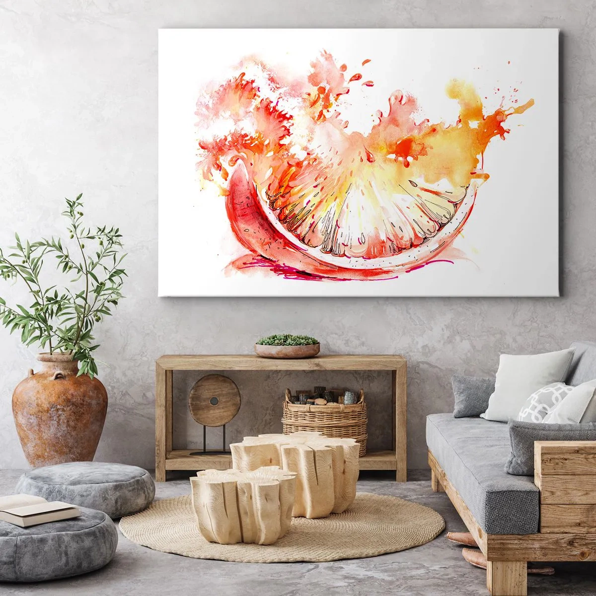 Vászonkép - Egy akvarell szelet grapefruit élénk színekben - 70x50cm - Lédús frissítés - Modern fali dekoráció nappalihoz és hálószobához ARTTOR