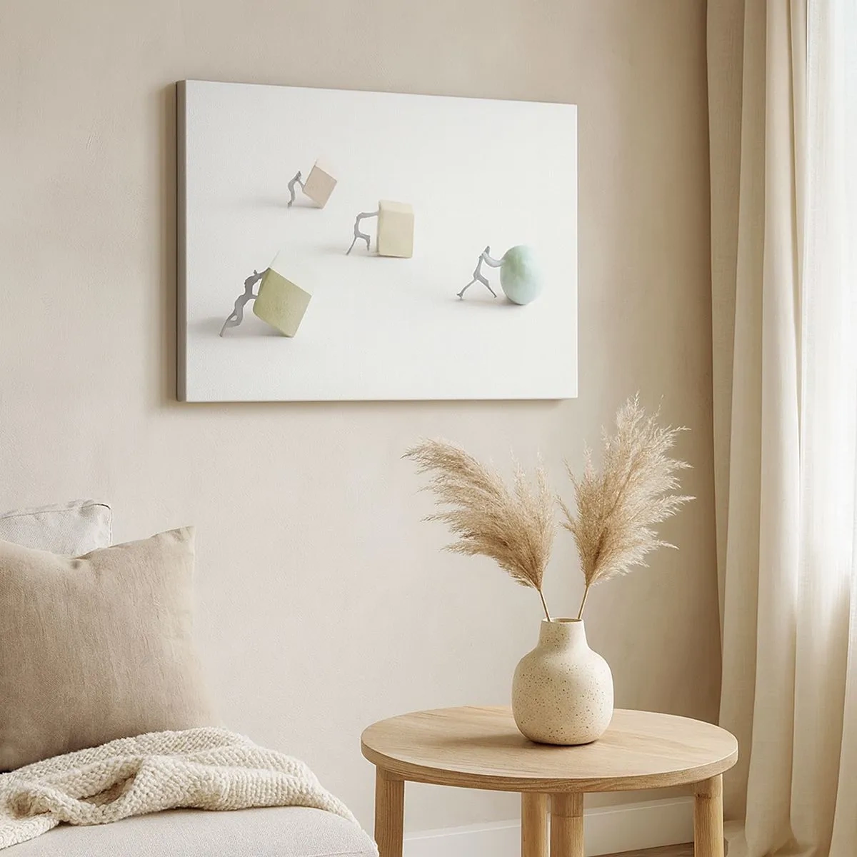 Vászonkép - Miniatűr figurák tolják az alakzatokat világos háttér előtt - 70x50cm - Maga az élet - Modern fali dekoráció nappalihoz és hálószobához ARTTOR